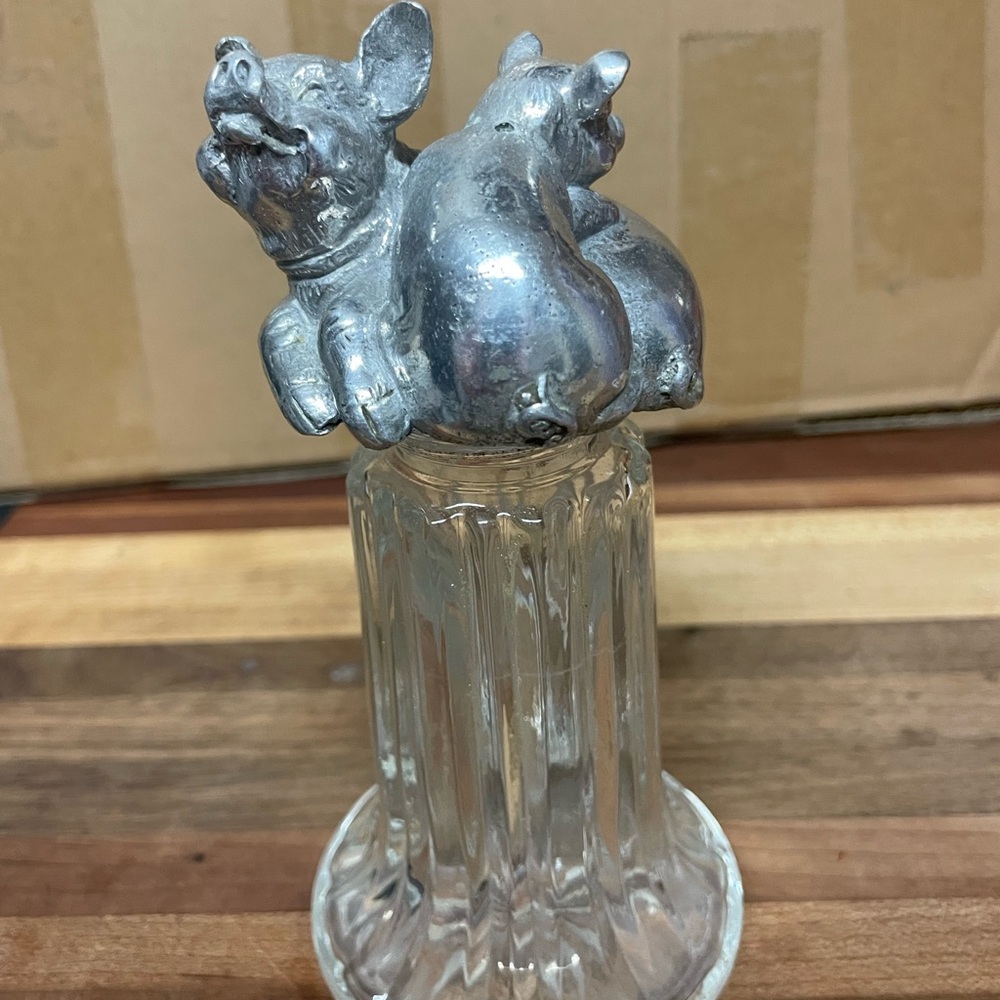 Vintage Pig Figural Salt or Pepper Shaker | Metal Pig Lid & Glass Bottle